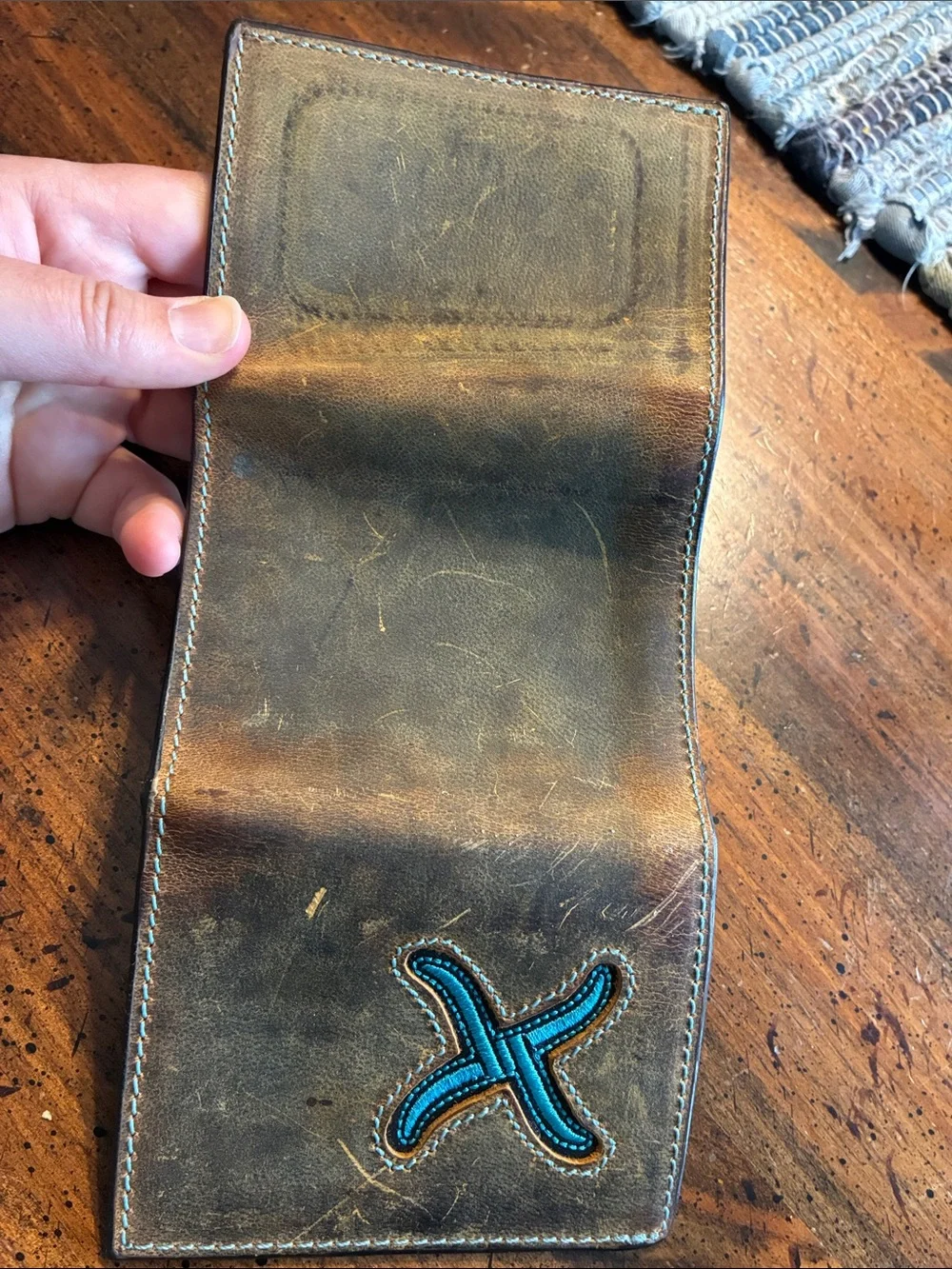 Twisted X Brown Leather Bifold Wallet with Turquoise Cross Stitch Accent